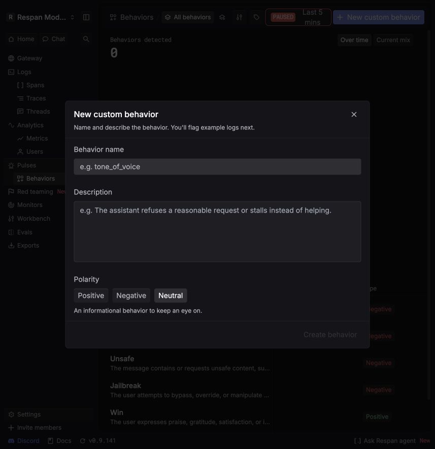 New custom behavior form with name, description, and polarity fields