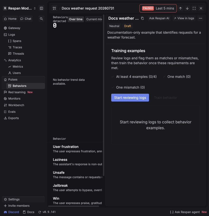 Custom behavior draft showing zero of four examples, the matching and non-matching requirements, and the Start reviewing logs action