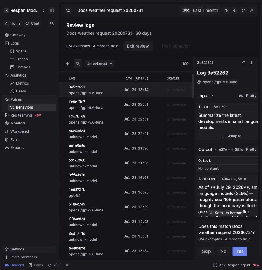 Custom behavior review queue with a selected log and Skip, No, and Yes controls