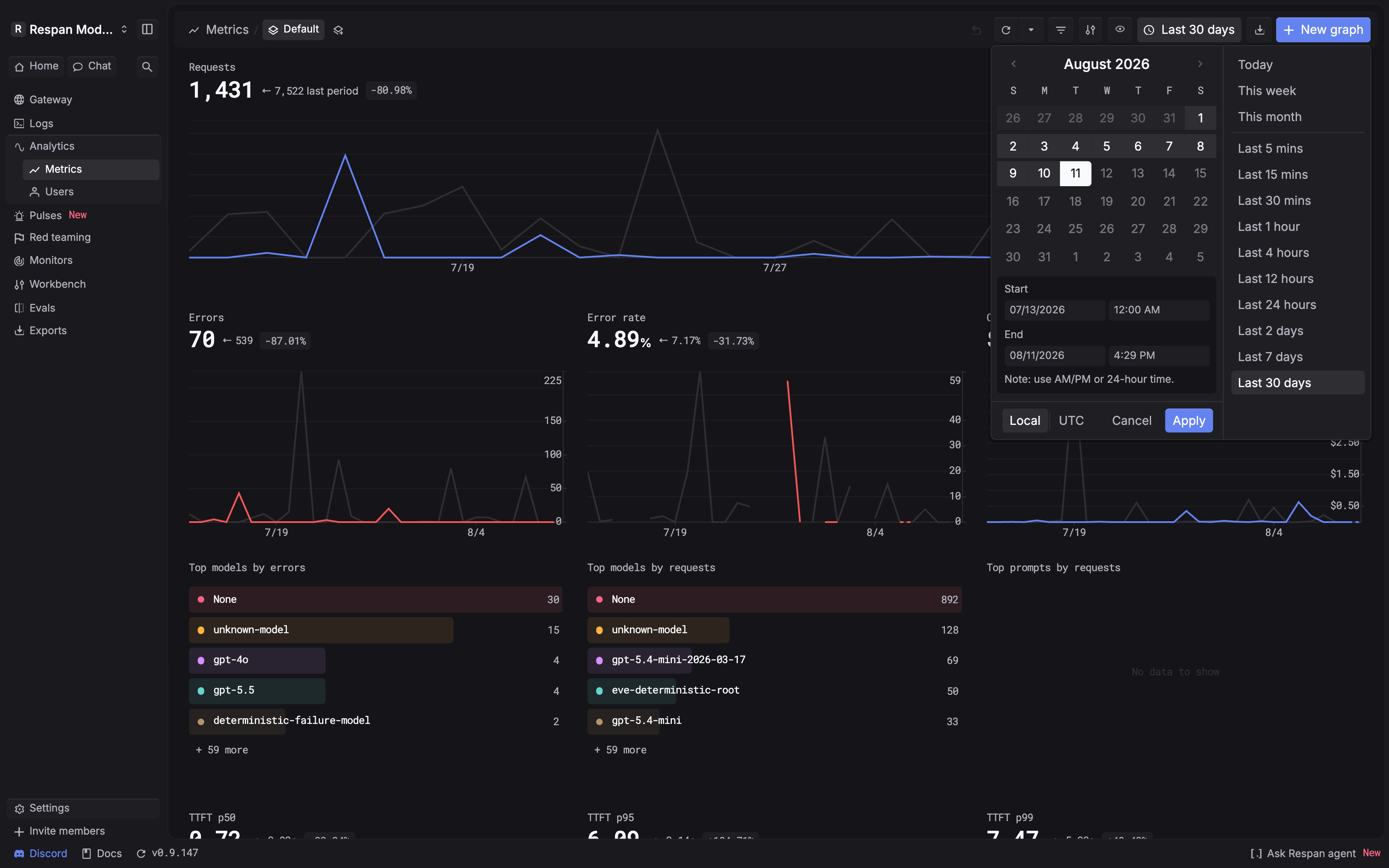 Respan Metrics time-range picker showing calendar controls, exact start and end times, presets, Local and UTC options, and the Apply button.