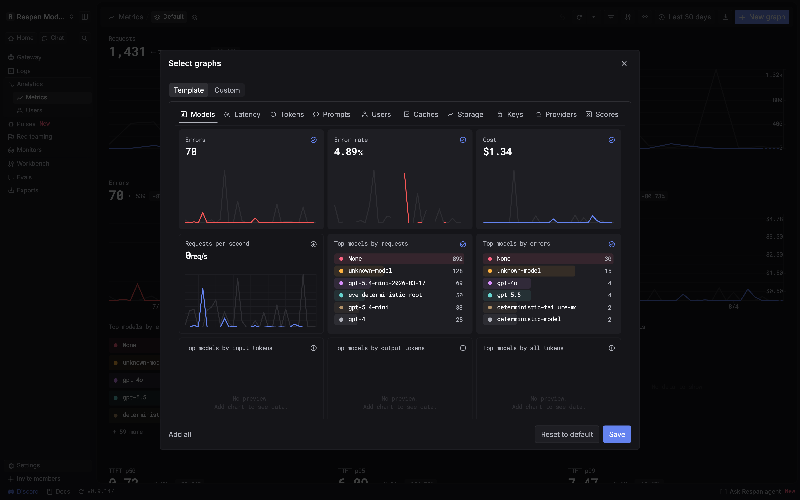 Respan graph template gallery with Models, Latency, Tokens, Prompts, Users, Caches, Storage, Keys, Providers, and Scores categories.