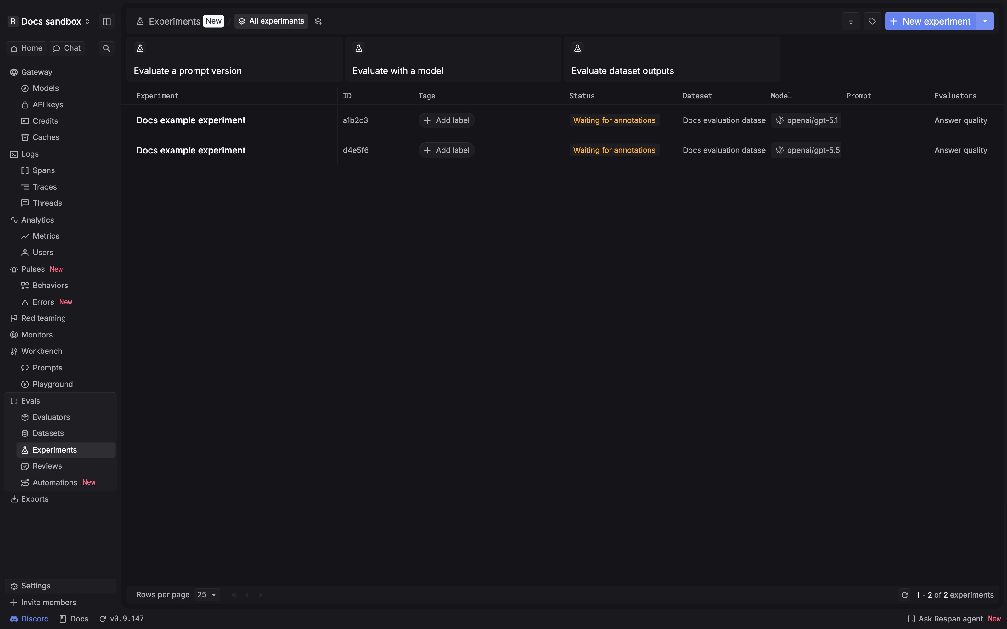 Respan Experiments page showing shortcuts to evaluate a prompt version or dataset outputs and a list of existing experiments.