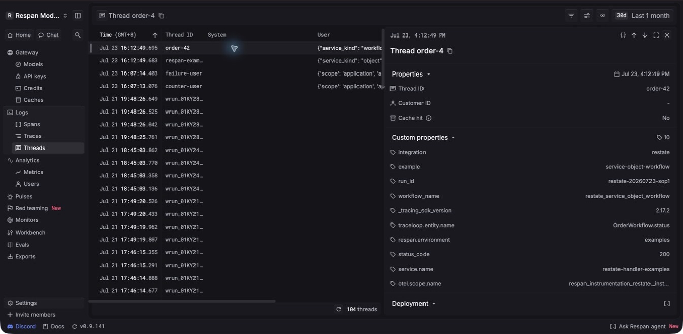 Respan thread detail panel showing thread ID, customer ID, cache status, custom properties, a collapsed Deployment section, and the selected thread in the table.