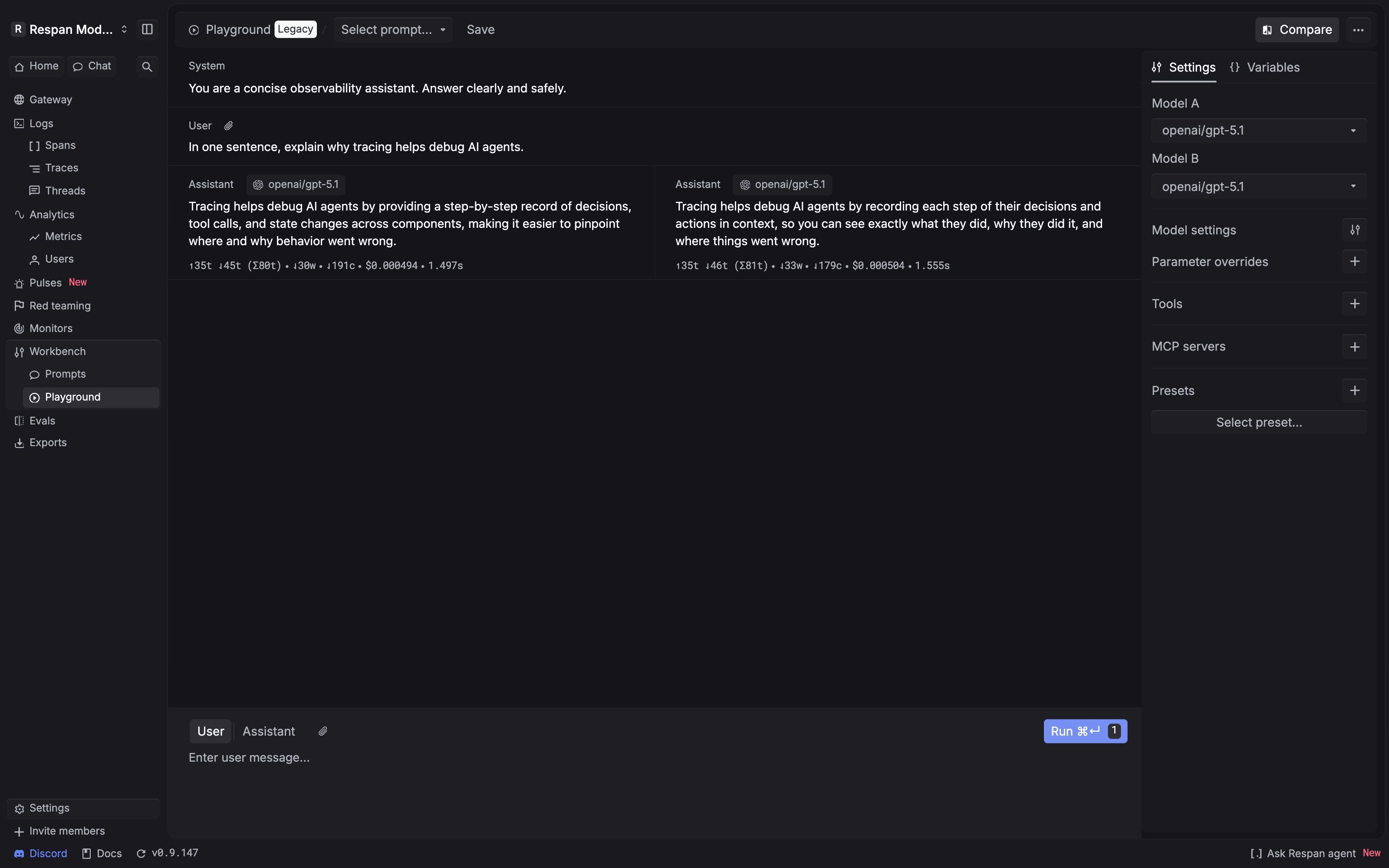 Respan New Playground with System and User messages, side-by-side Assistant outputs, Model A and Model B selectors, and settings for parameters, tools, MCP servers, and presets.