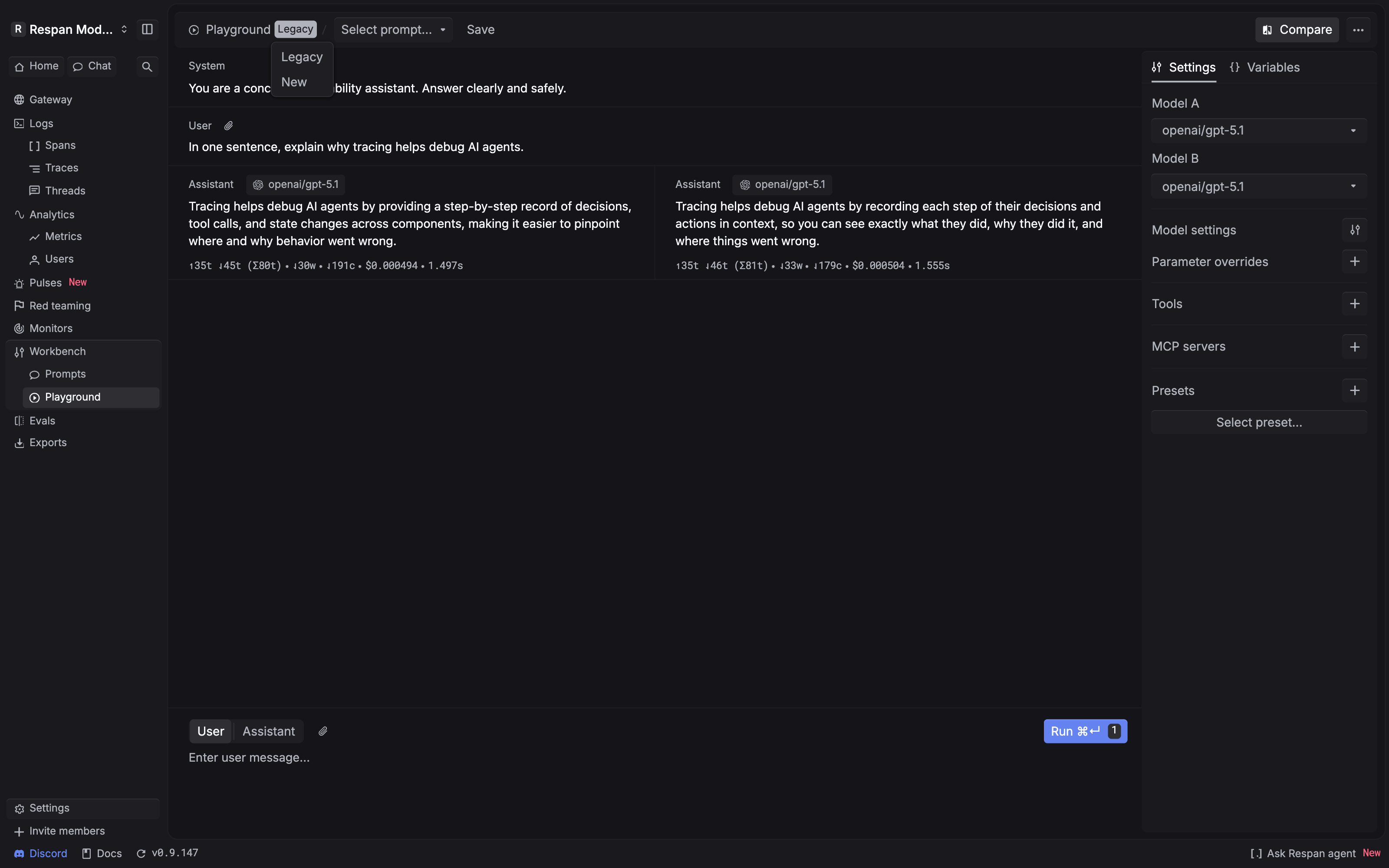Respan Playground with the mode menu open, offering Legacy and New while a two-model comparison workspace is visible.