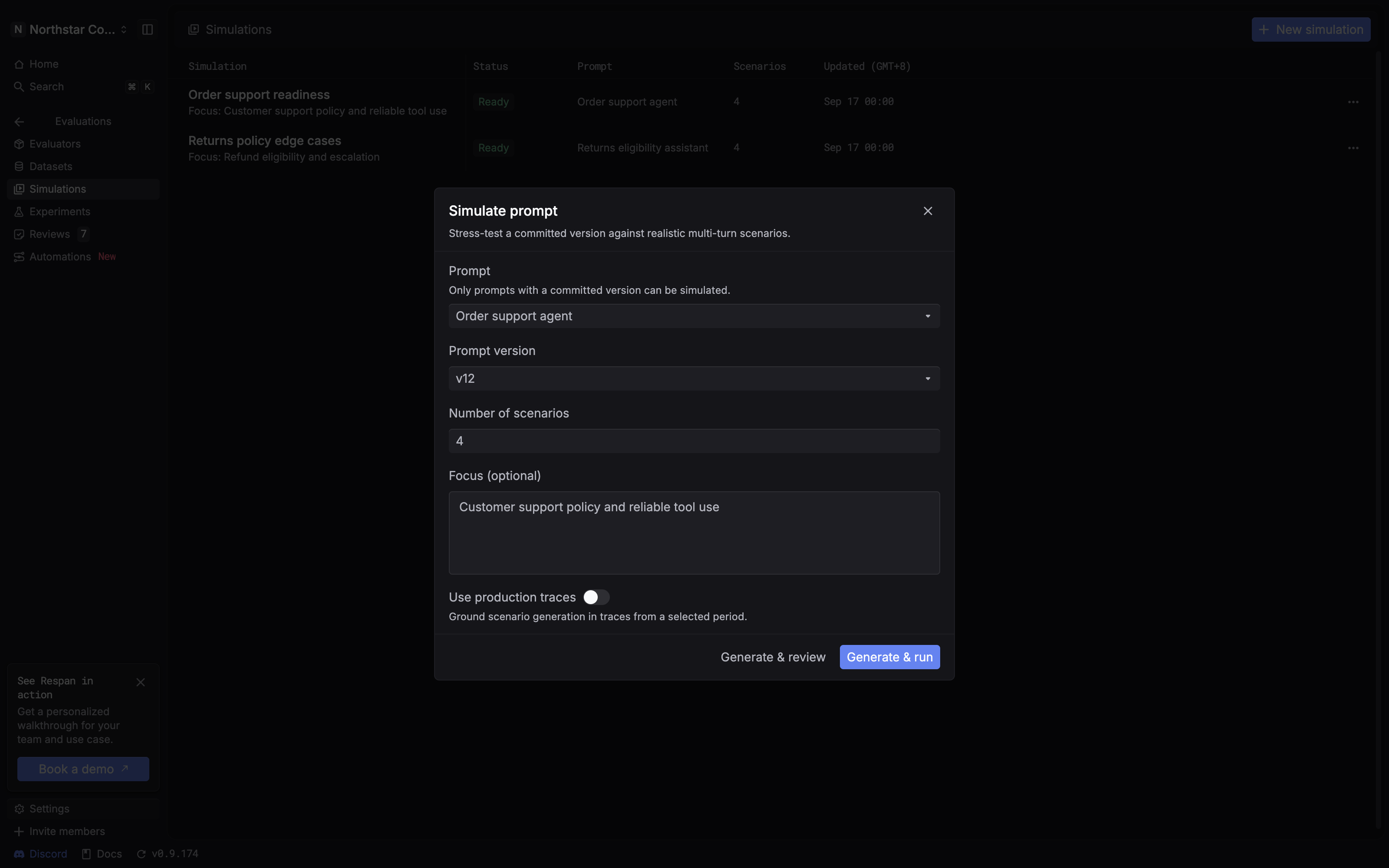 Simulate prompt dialog with a selected prompt version, an optional focus, a scenario count, and an option to use production traces.