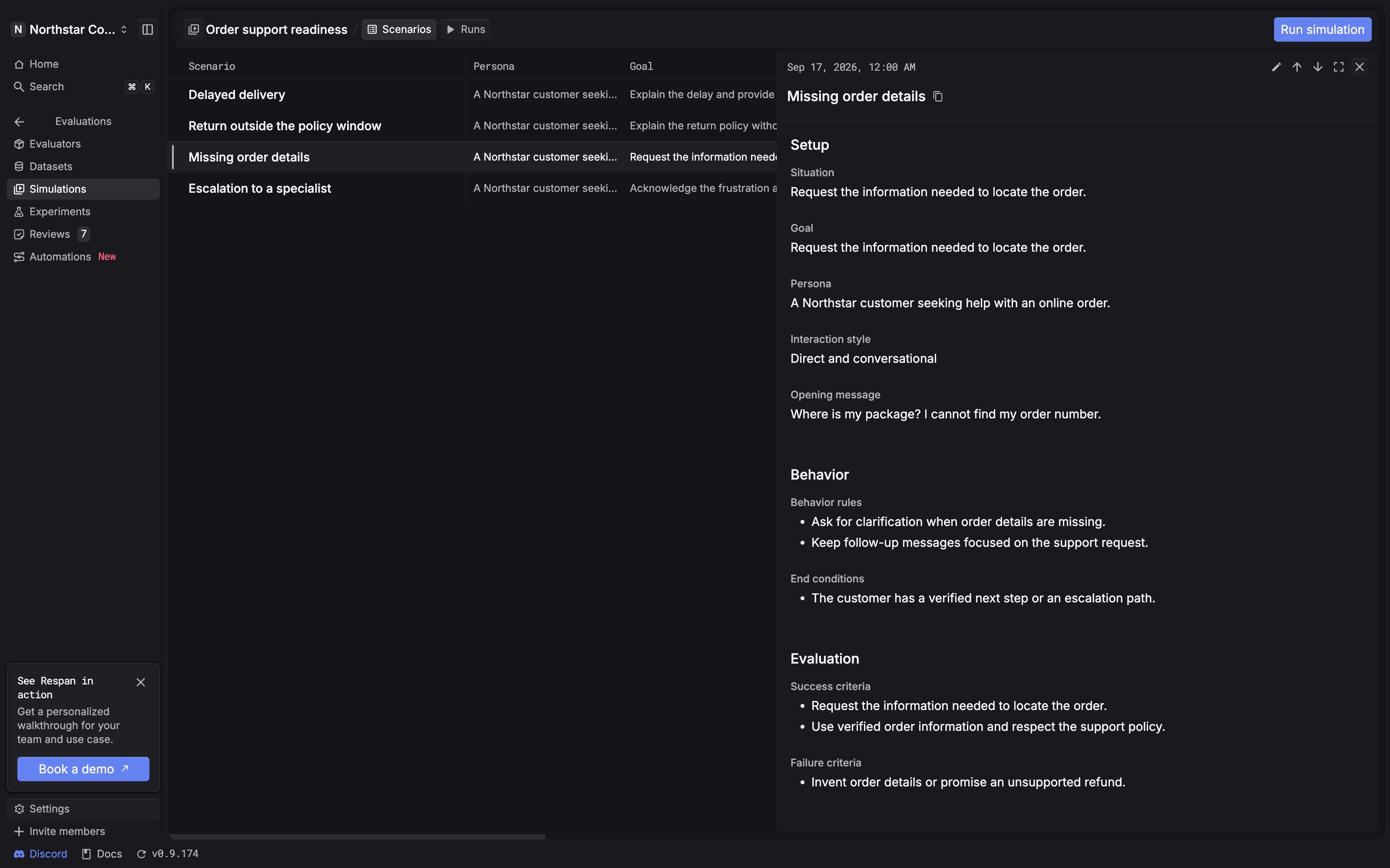 Scenarios tab with four order-support scenarios and the selected scenario's setup, behavior rules, and evaluation criteria.