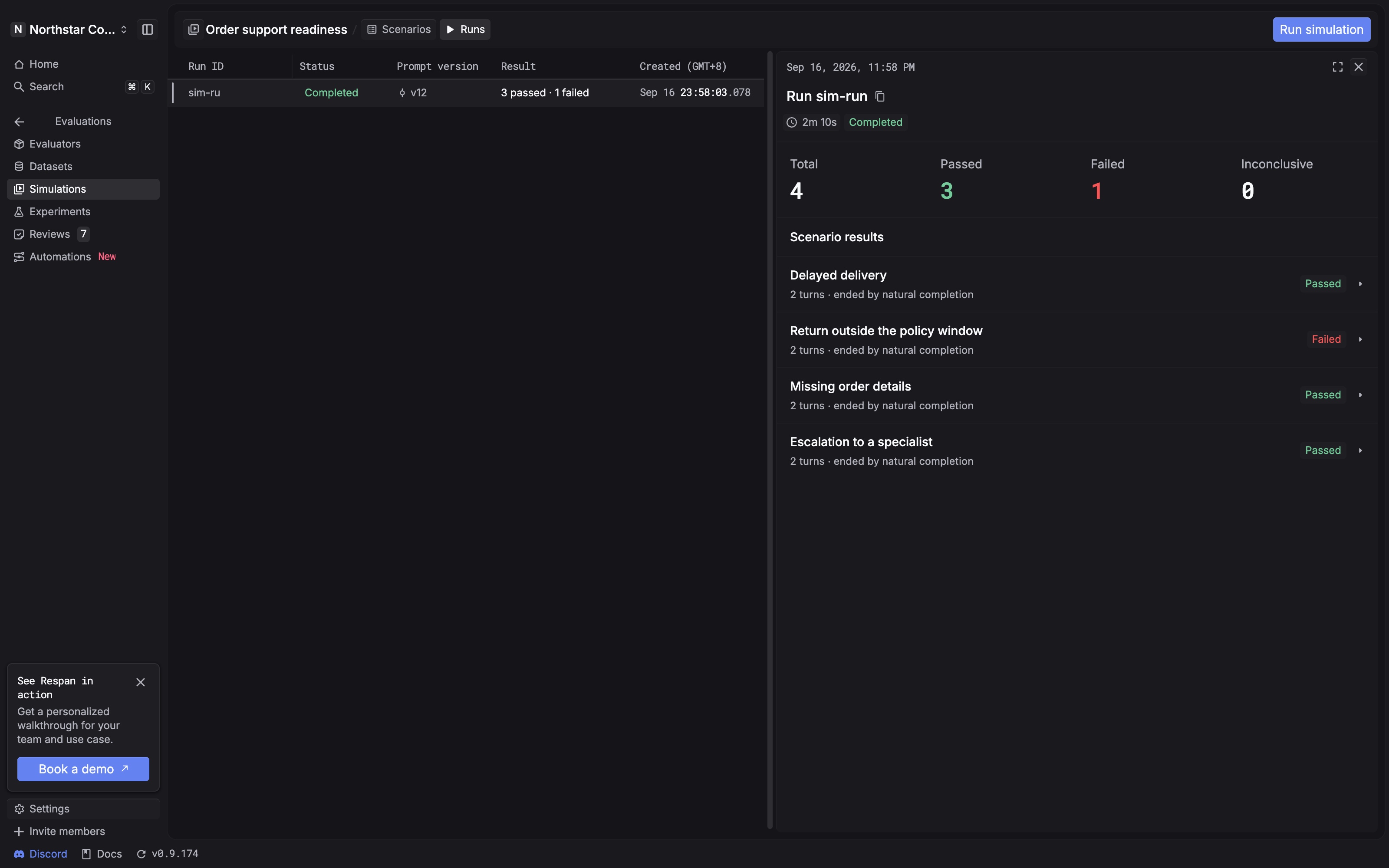 Runs tab with a completed order-support simulation and a summary of its four scenario results.