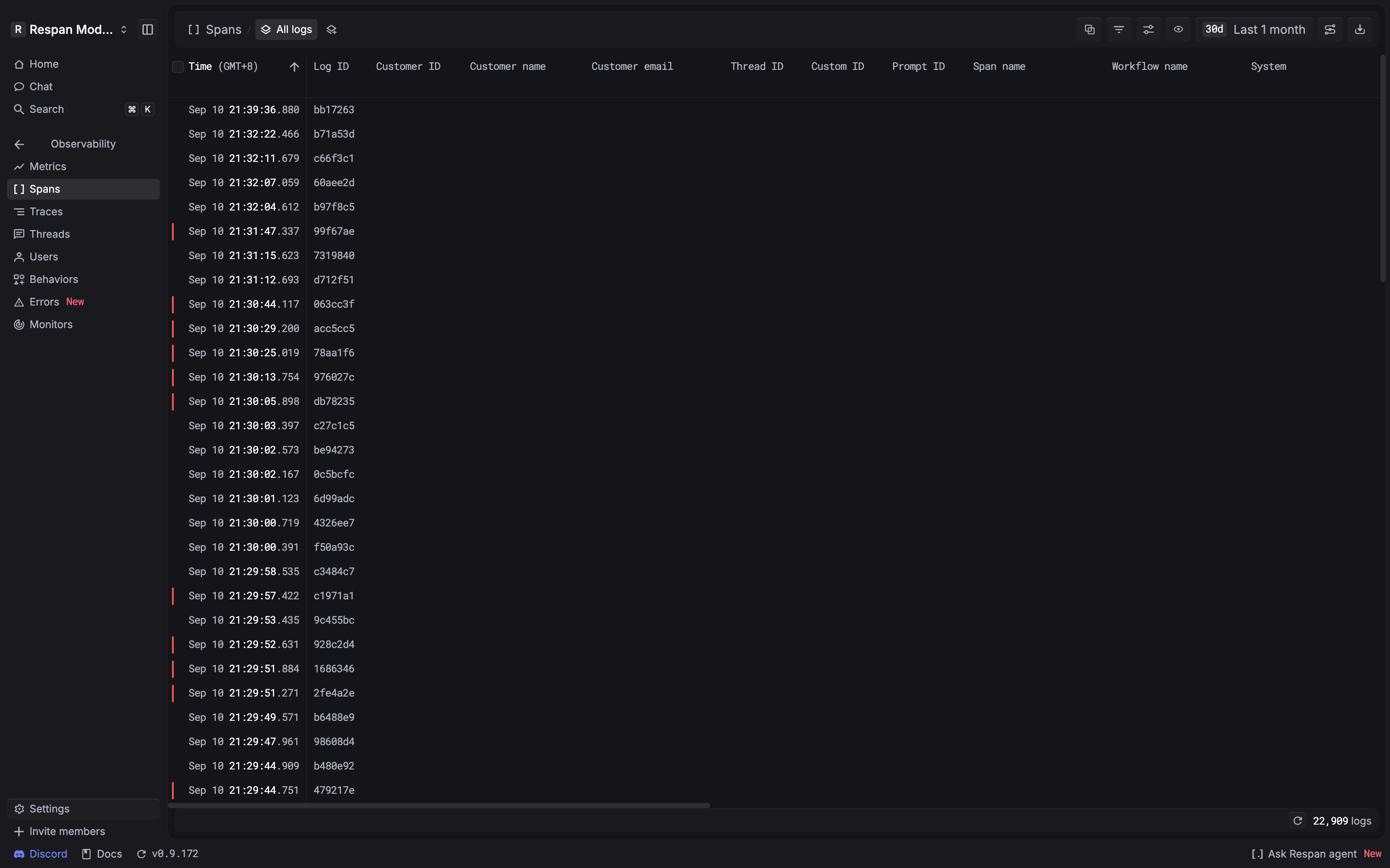 Full Spans page with Observability navigation, span table, toolbar, time range, and result count.