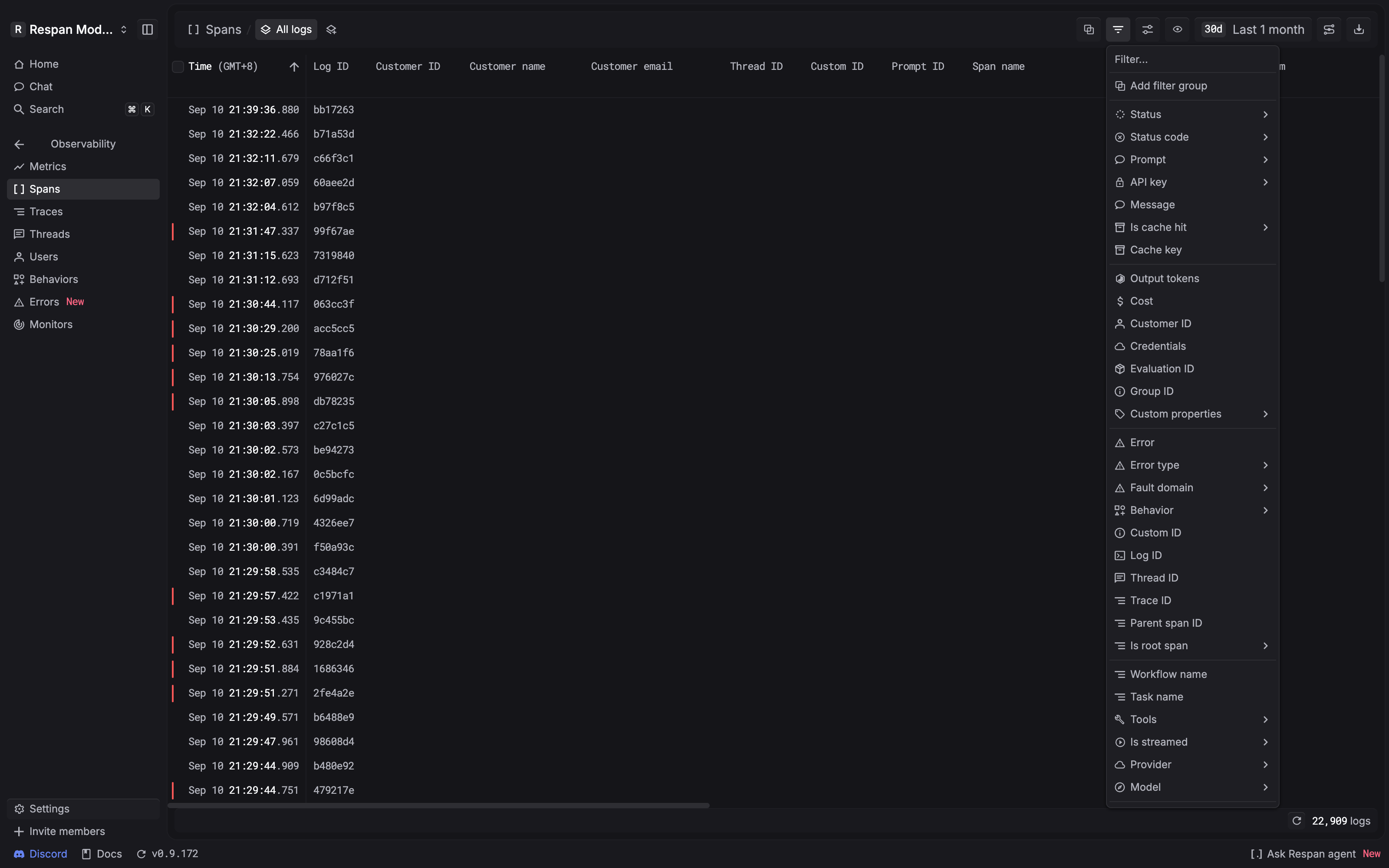 Full Spans page with the filter menu open at the top, showing Add filter group and the first filter fields.