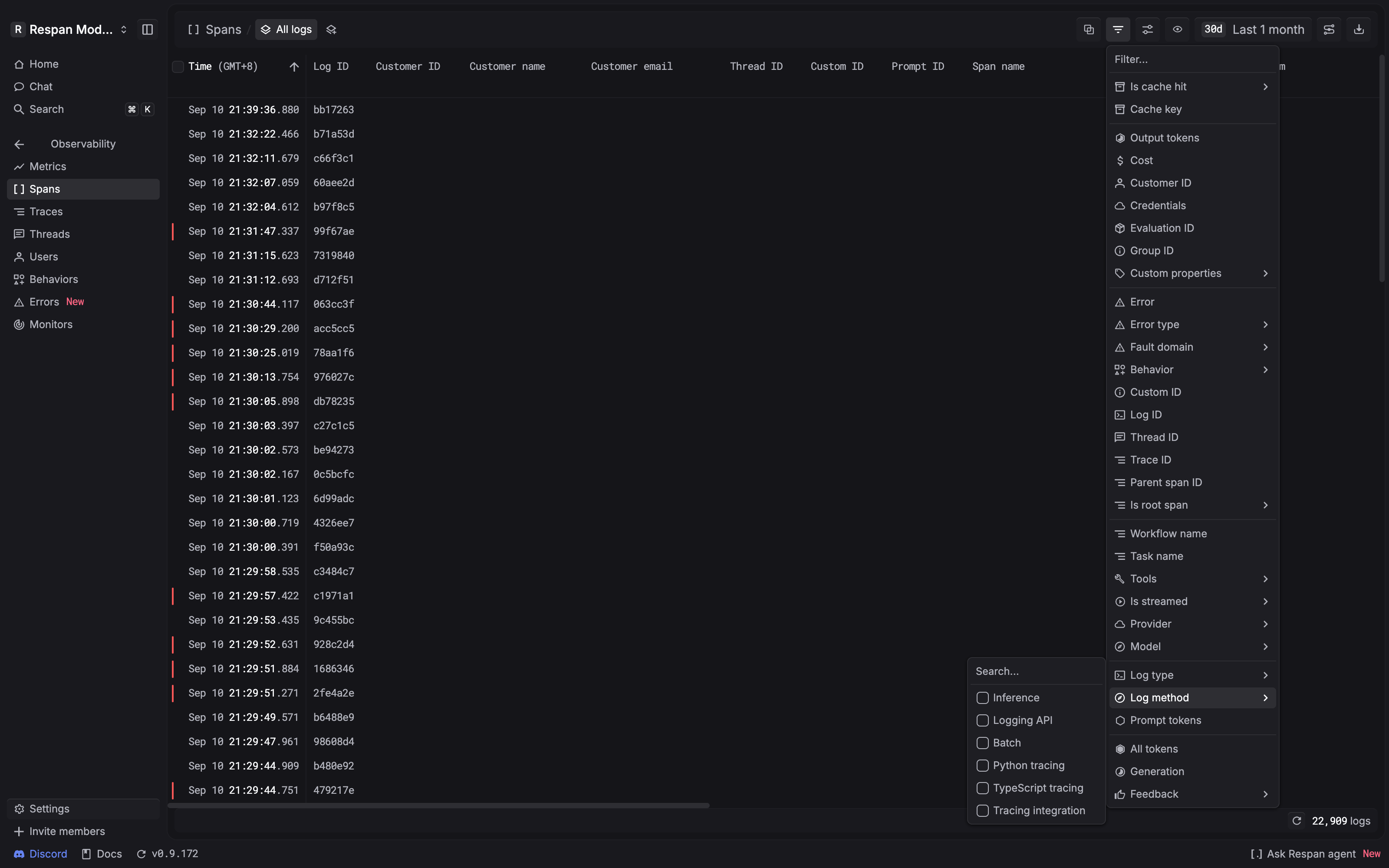 Full Spans page with the filter menu scrolled down through Feedback and the Log method submenu open.
