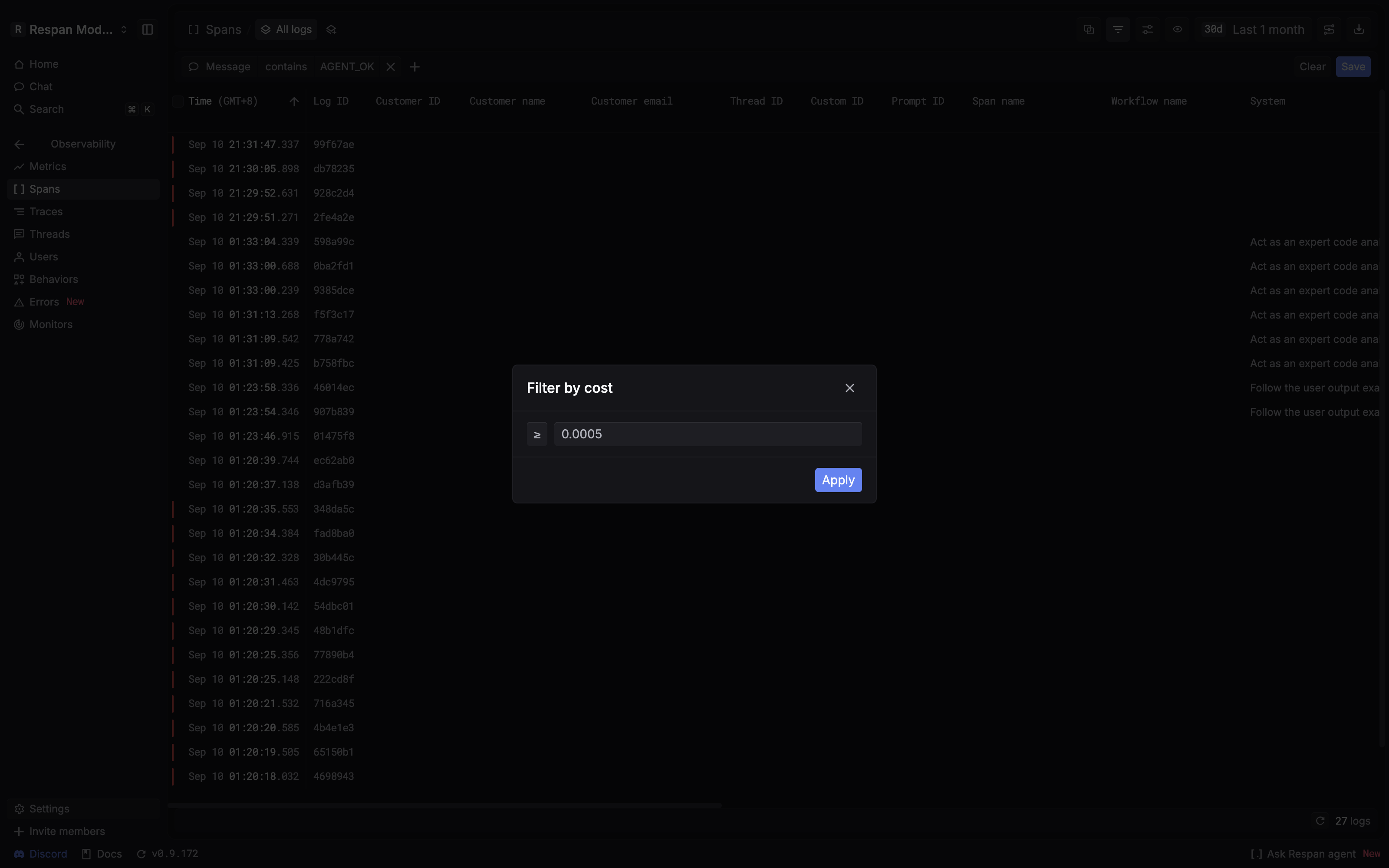 Full Spans page with the Cost filter editor set to greater than or equal to 0.0005 and the Apply button enabled.