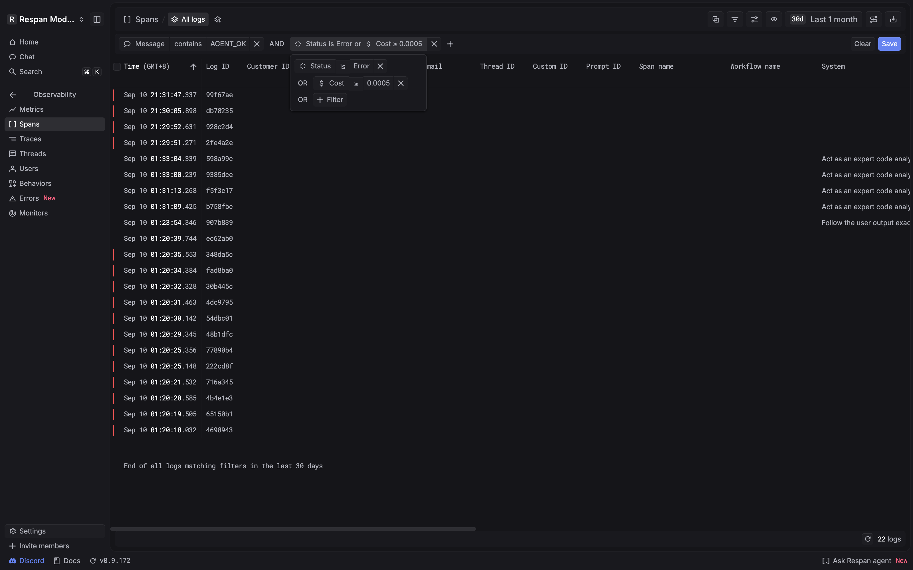 Full Spans page showing Message contains AGENT_OK AND a group with Status is Error OR Cost greater than or equal to 0.0005, with matching rows below.
