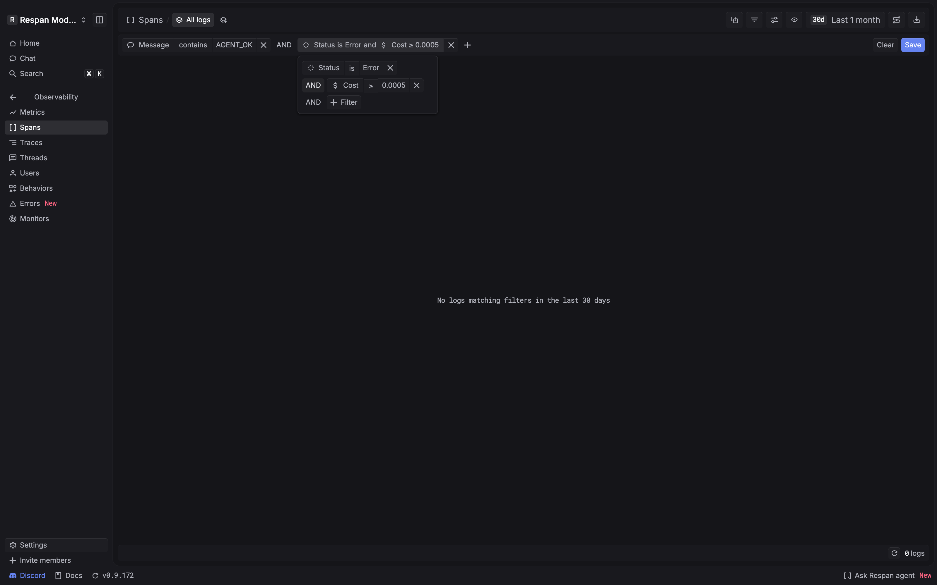 Full Spans page with the same Message condition and an AND group requiring Error status and Cost greater than or equal to 0.0005, with no matching spans in this example.