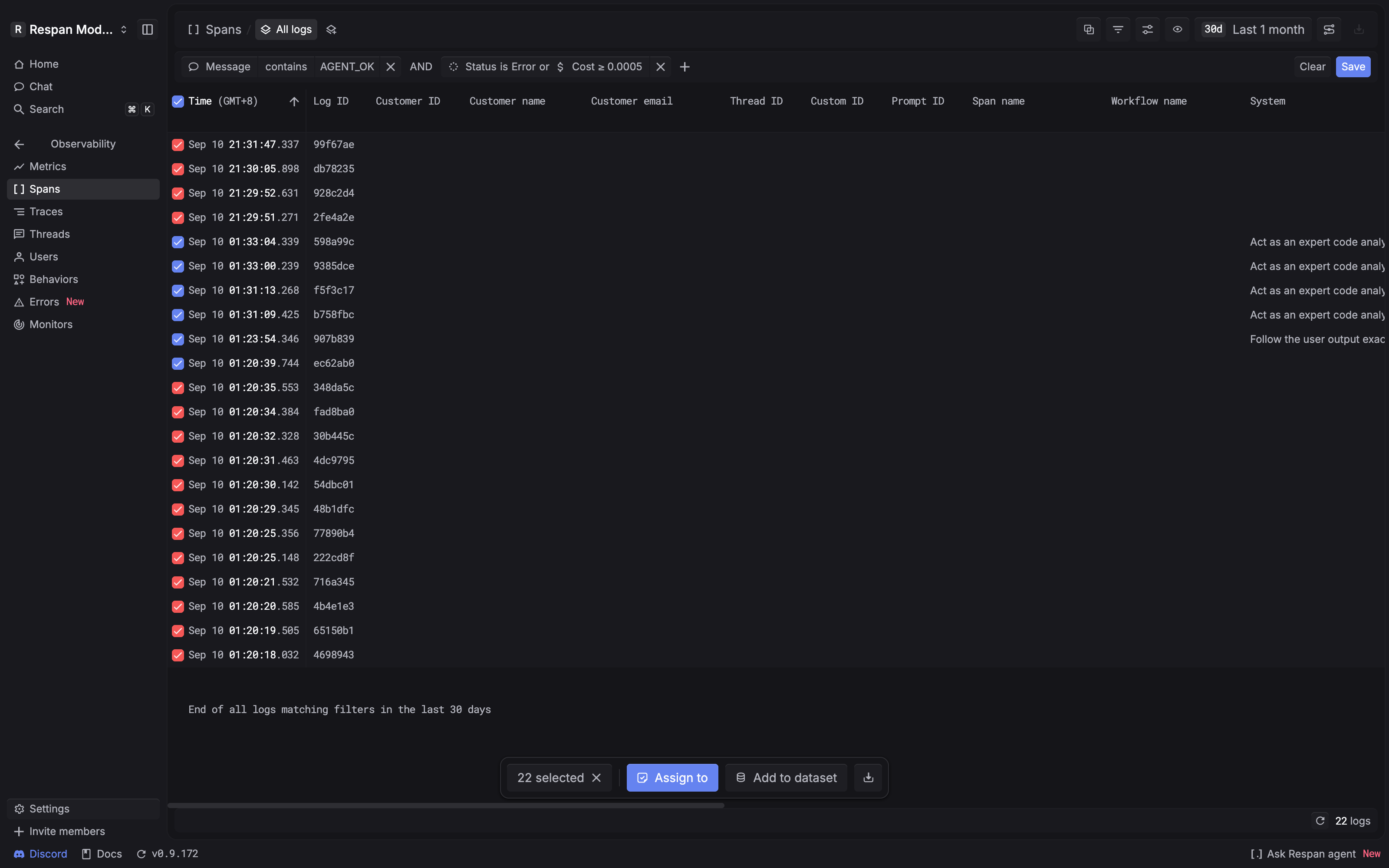 Full Spans page with selected rows and a bulk-action bar showing 22 selected, Assign to, Add to dataset, and a download icon.
