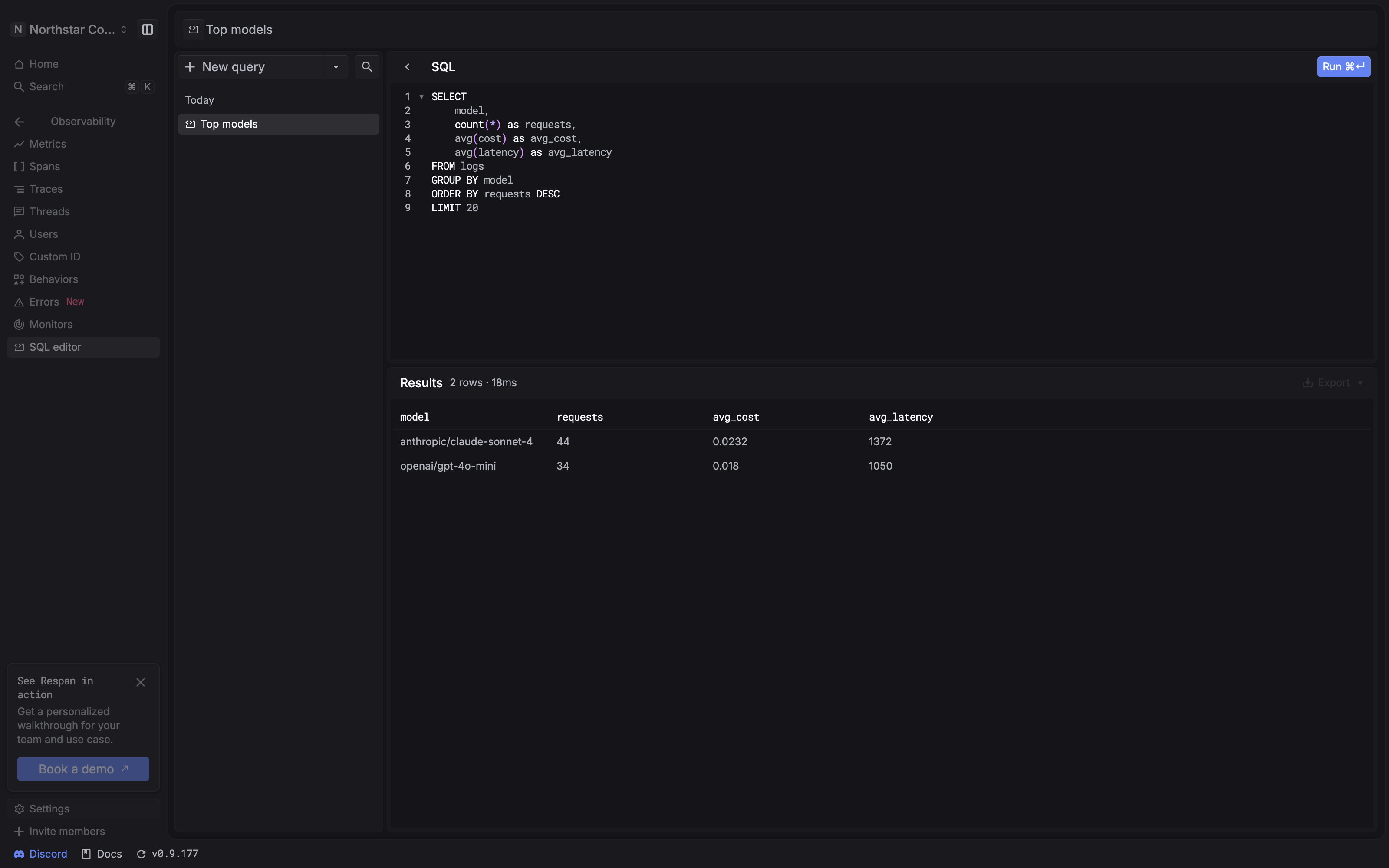 Full SQL editor page with the saved-query list, Top models SQL, Run button, and two populated result rows.