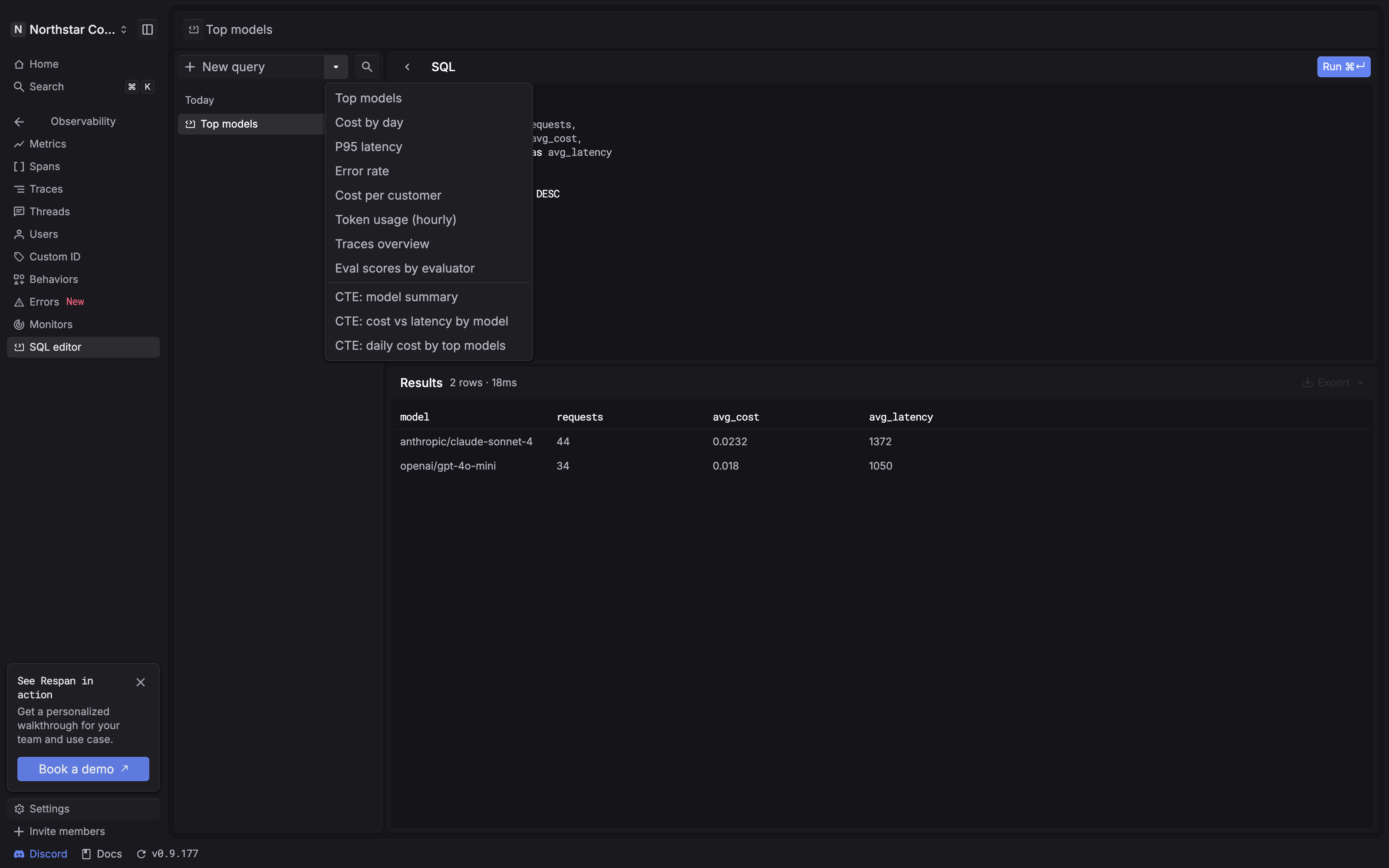 Full SQL editor page with the built-in example menu open above the populated Top models query and results.