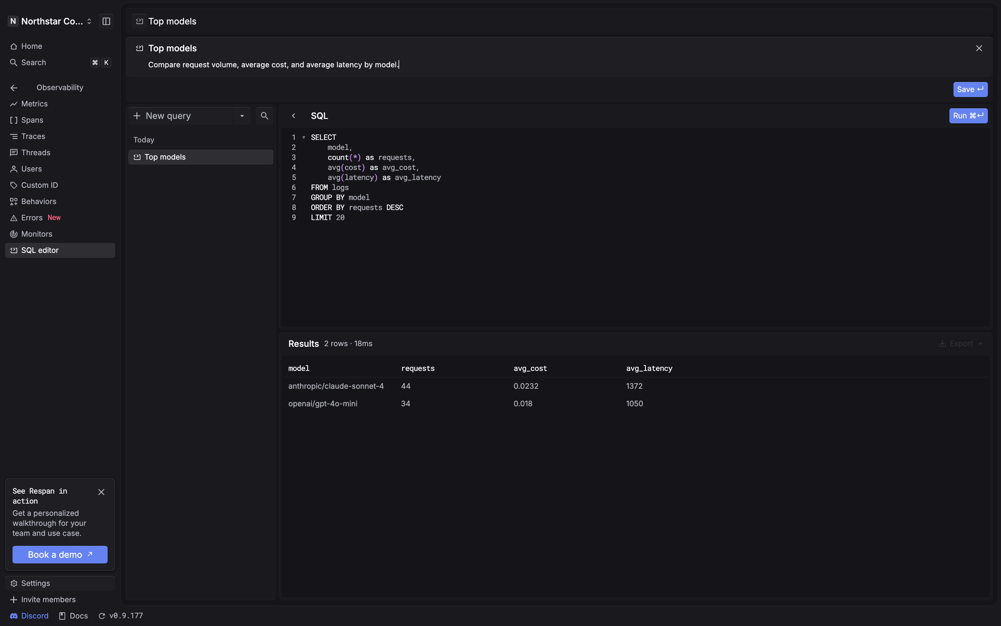 Full SQL editor page with the query-name and optional-description panel open, its Save button visible, and populated results beneath it.