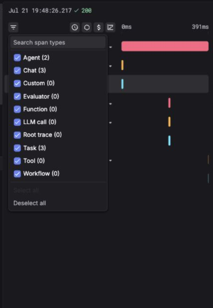 Respan span-type picker with search and checkboxes for agent, chat, custom, evaluator, function, LLM call, root trace, task, tool, and workflow spans.