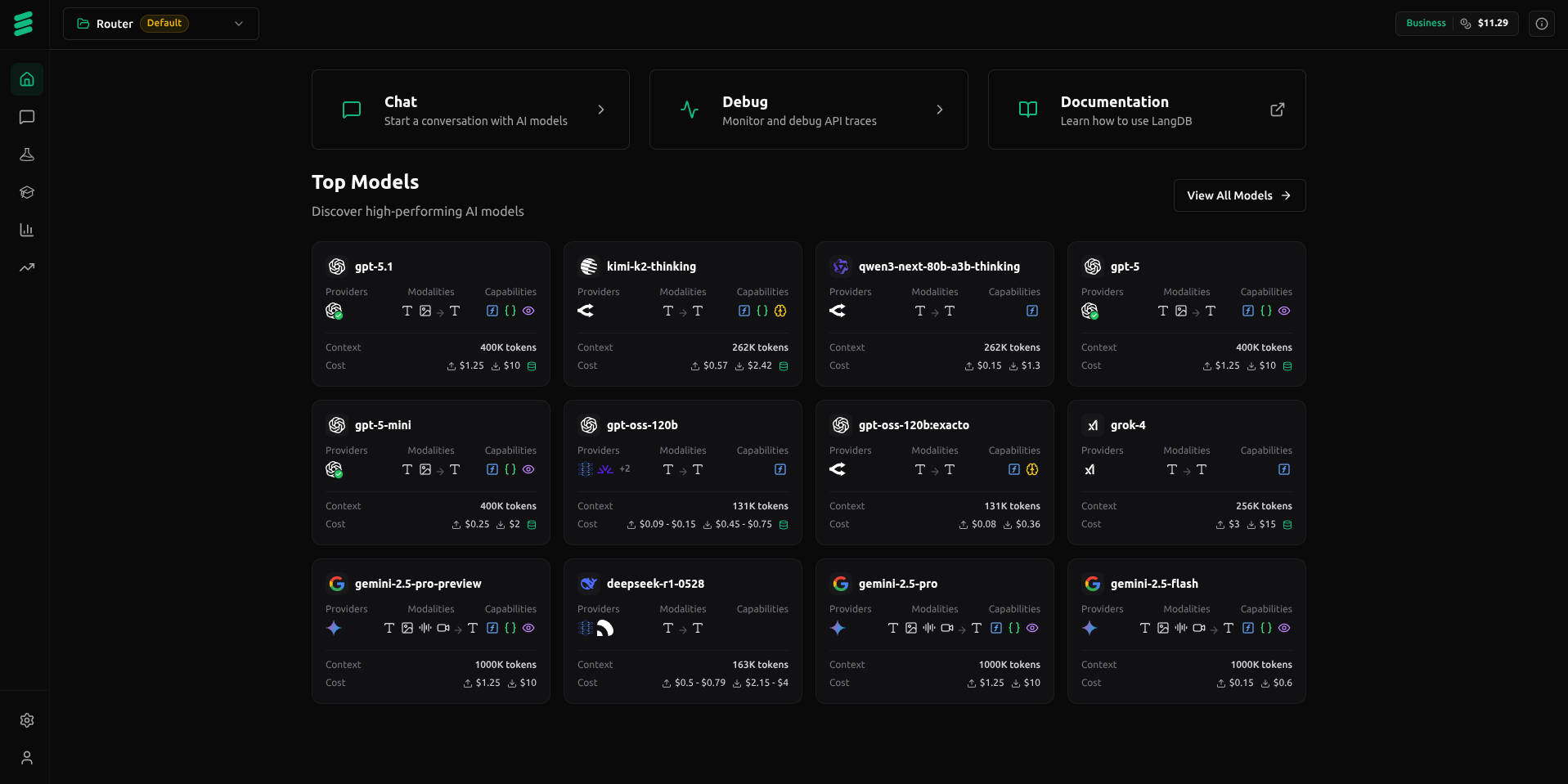 LangDB gateway dashboard