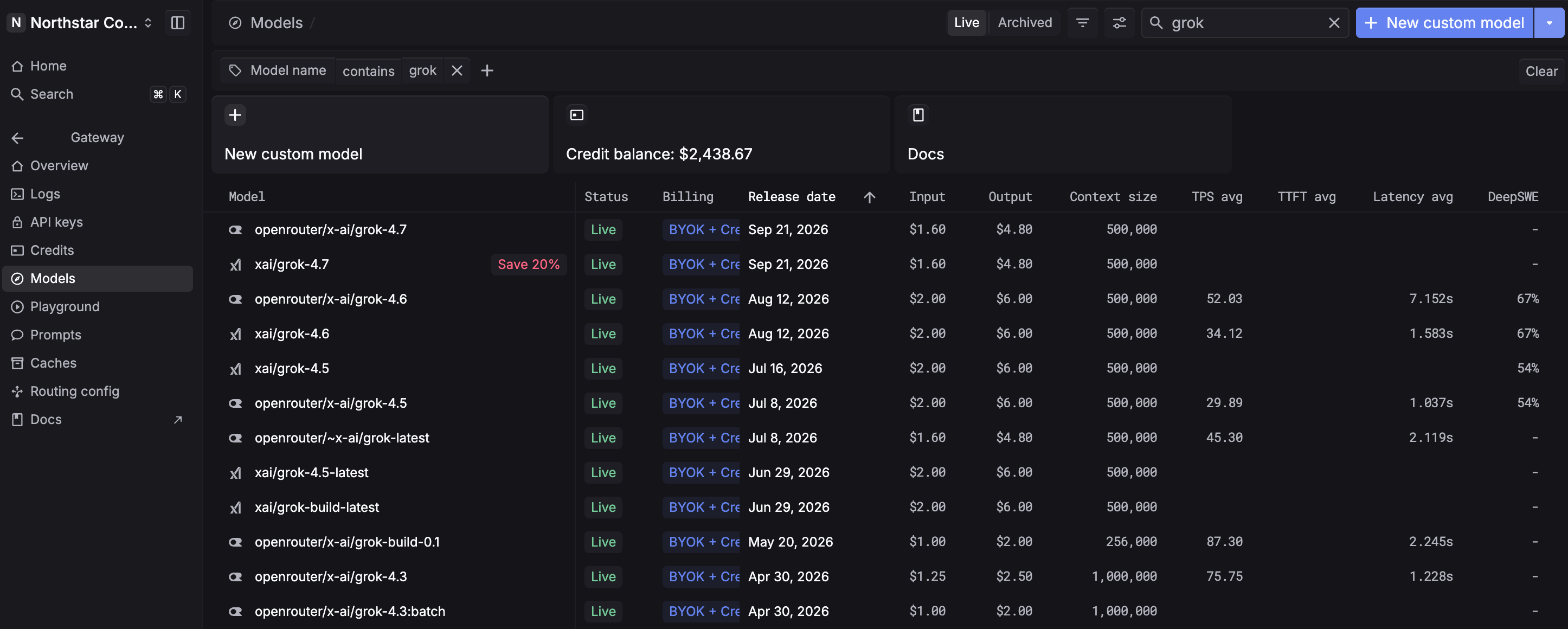 Respan LLM Gateway dashboard with Grok models