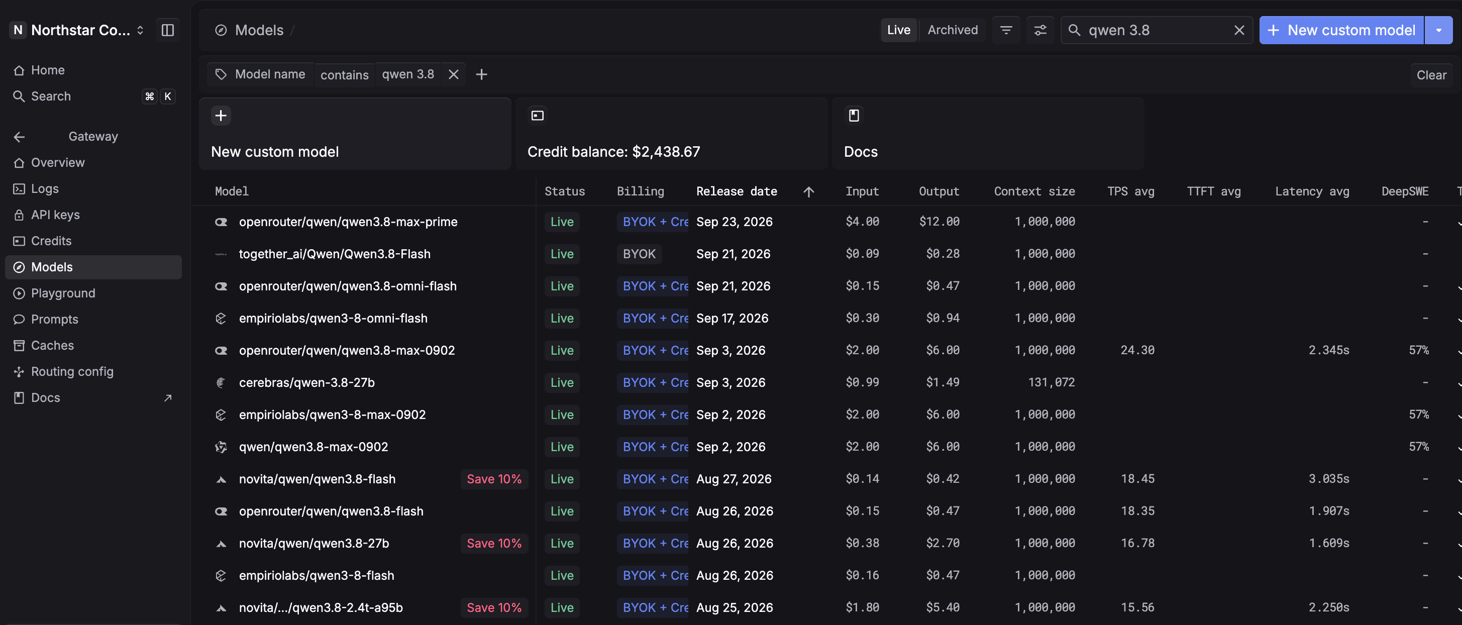 Respan gateway dashboard Qwen 3.8 models