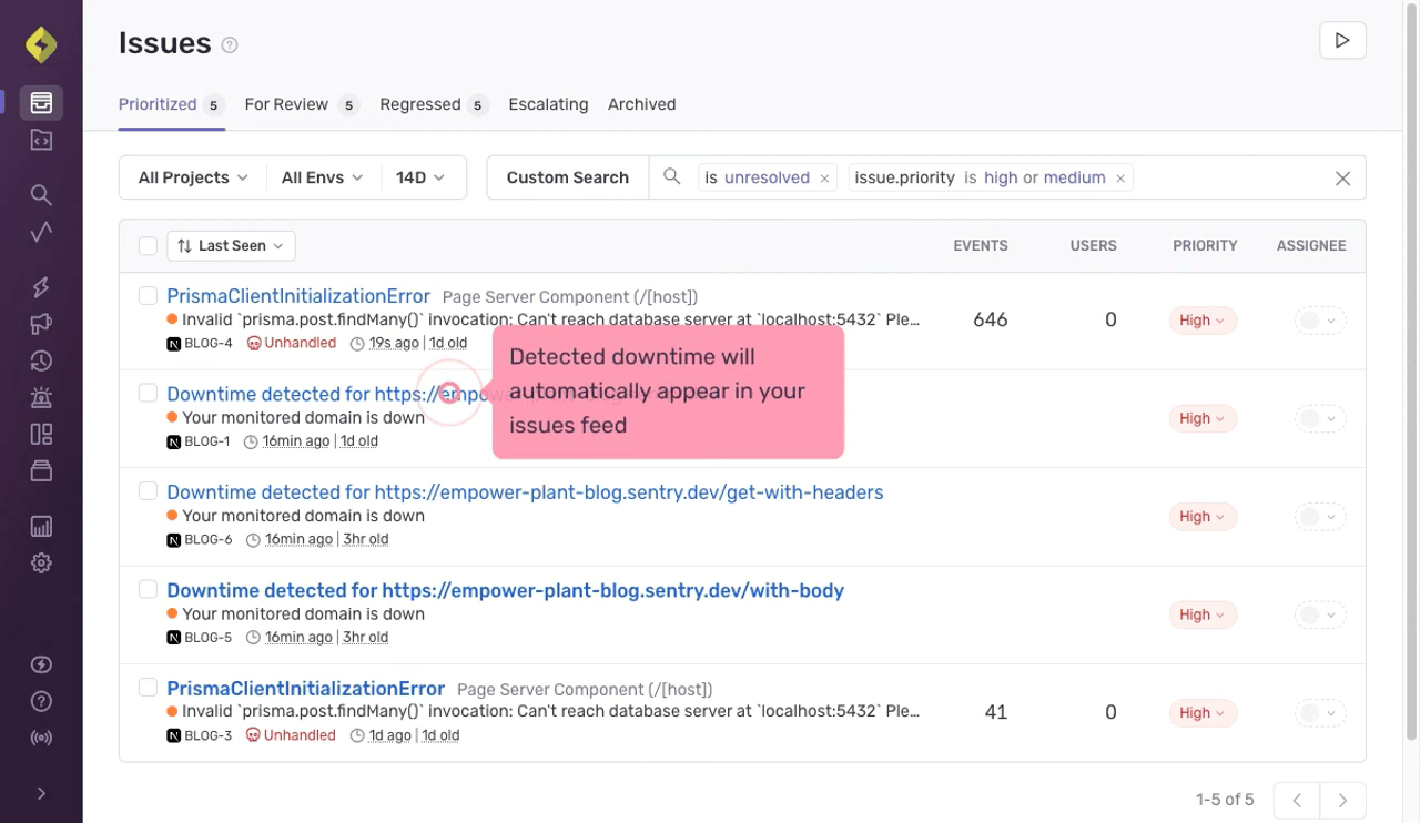 Sentry error tracking dashboard